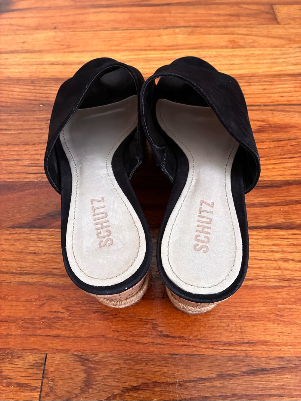 Schutz Black Suede Espadrille Cork Wedge Slide Sandals Mule Platform Size 8 - Picture 3 of 5